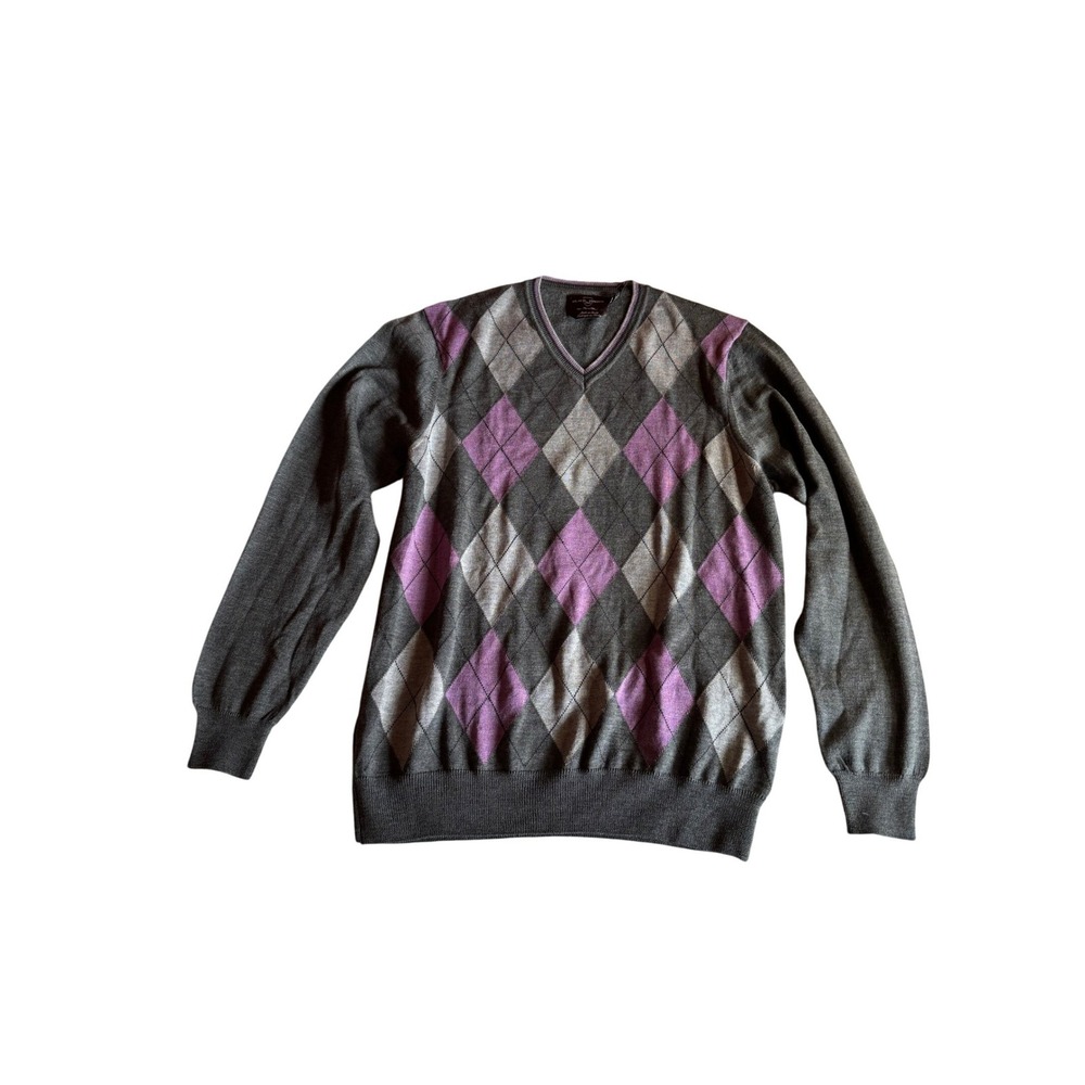 Black Brown 1826 Mens Argyle V-Neck Sweater Merino Wool Grey‎ Purple Size M NEW